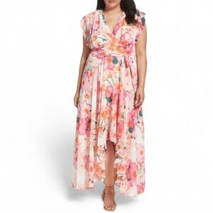 Eliza J Floral Faux Wrap High Low Maxi Dress Pink 14W